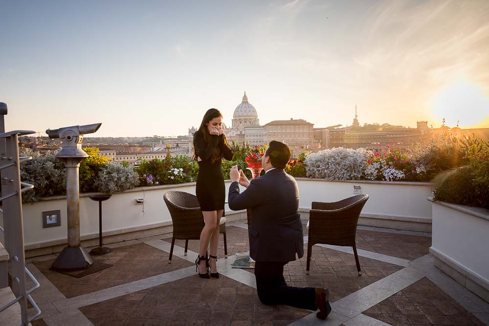 Sunset Rome rooftop wedding proposal Romantic rooftop proposal in Rome 