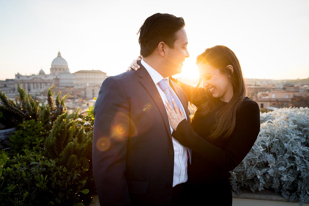 Sunset Engagement photographer Rome photoshoot. Just engaged overlooking the beautiful roman skyline 