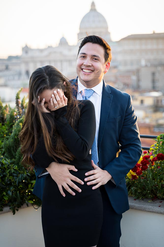 Close up candid portraits Romantic rooftop engagement proposal