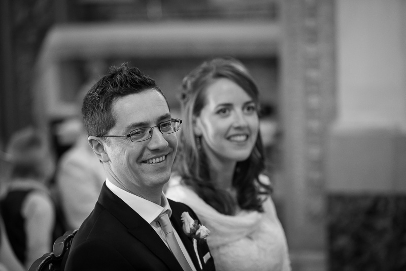 Bride and groom indoor portrait picture in black and white