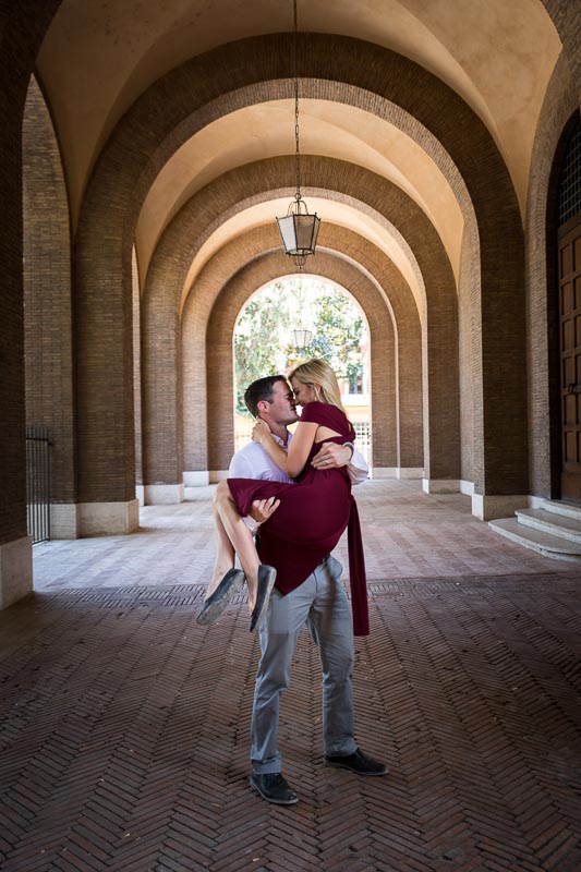 Final picture together. Romantic photo under geometrical church portico