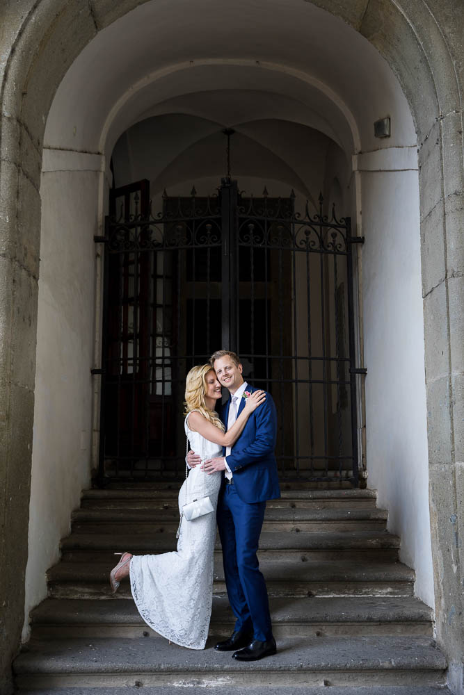 Posed on the steps of the entrance