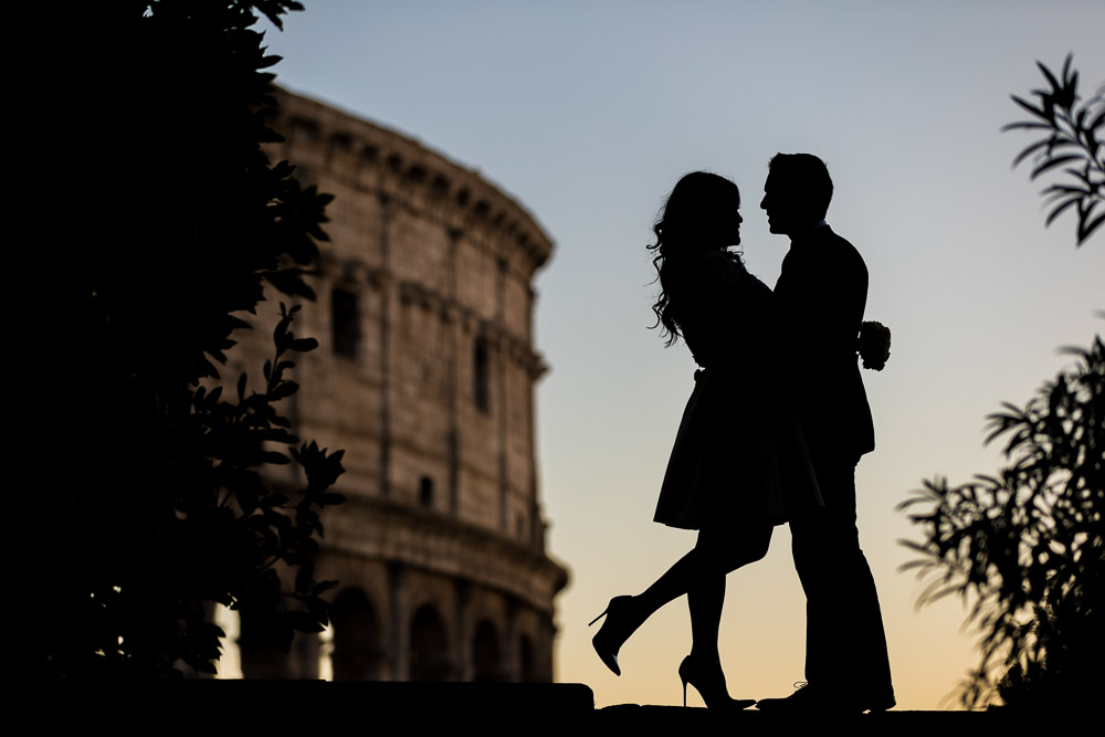 Silhouette image of a couple just married in Rome Italy