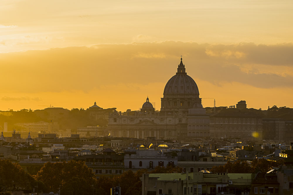 The city of Rome photographed at sunset just before dusk at the golden hour