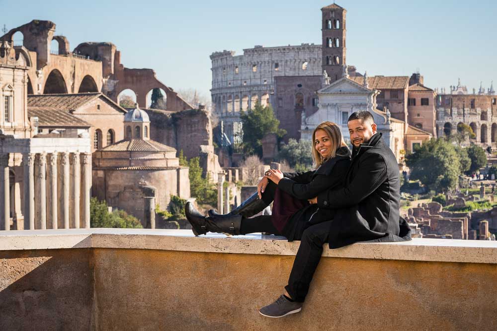 Couple portrait before the ancient roman forum in Rome Italy