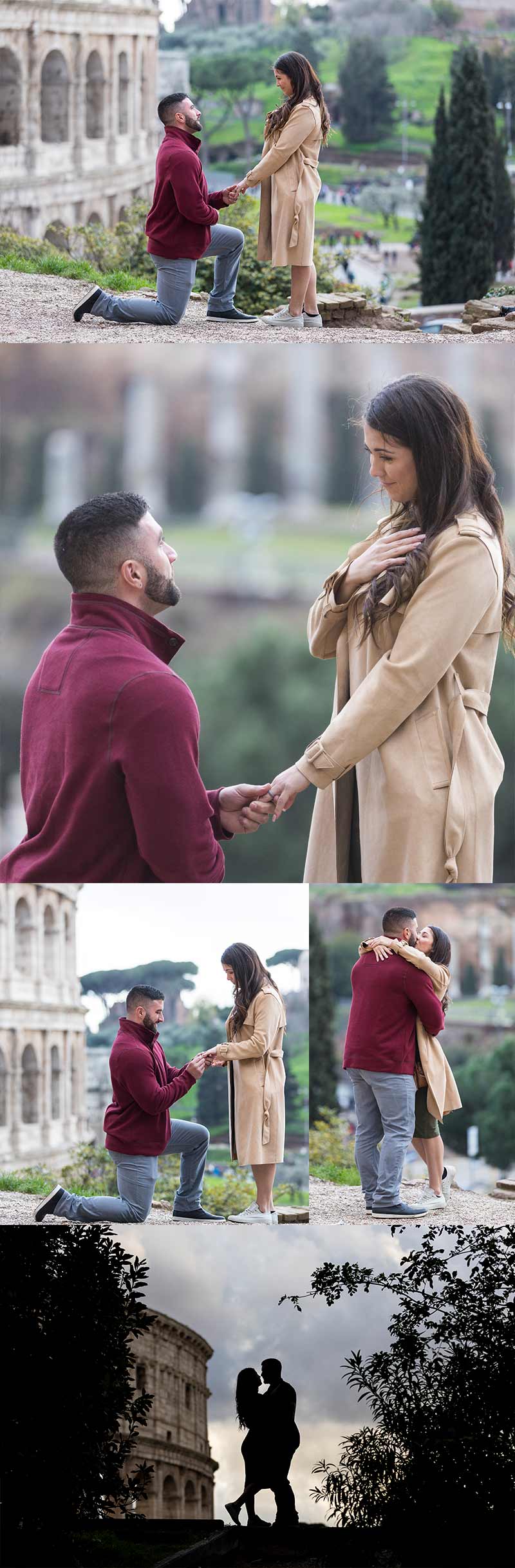 Surprise wedding proposal photographed by the Andrea Matone photography studio at the Roman Colosseum. Rome Colosseum Proposal