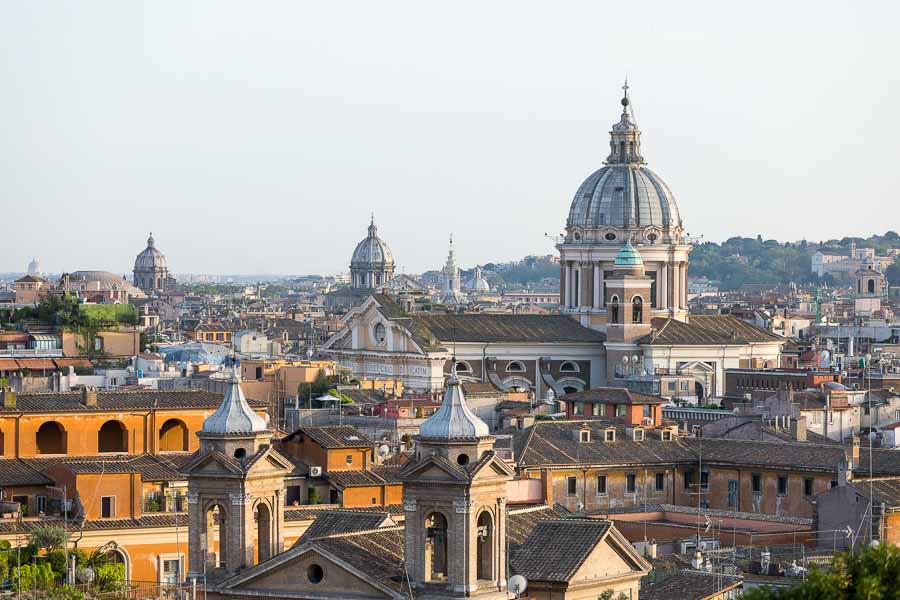 The panoramic Rome skyline seen from Parco del Pincio park