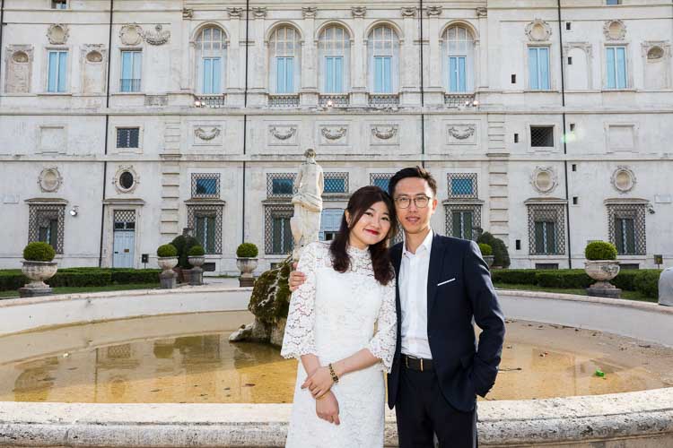 Couple portrait taken in front of the Galleria Borghese building