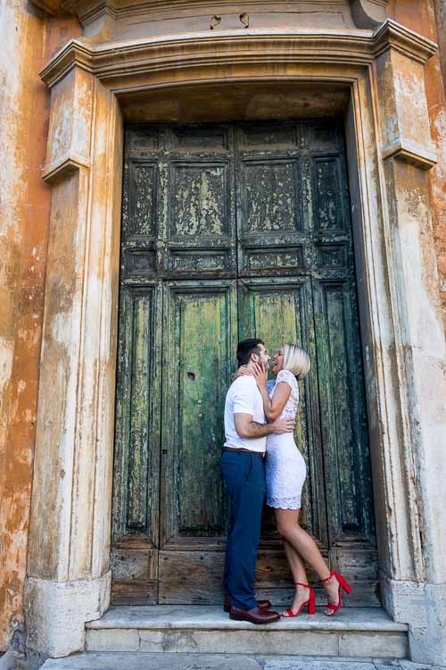 Just engaged photo in front of an ancient doorway