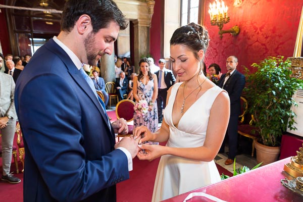 The matrimonial wedding ring exchange during a civil ceremony