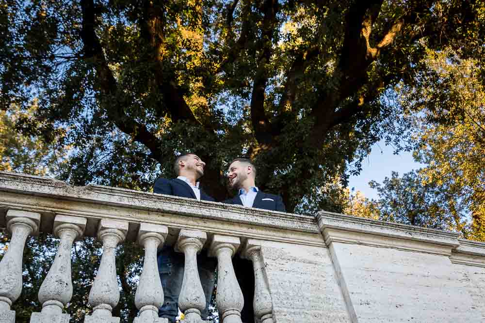 Romance and intimacy from a marble terrace with nice green trees in the backdrop