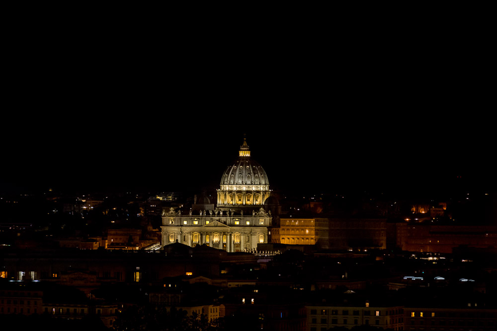 View of the Saint Peter's dome cathedral in the far distance. Rome, Italy