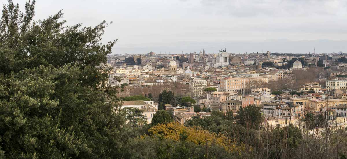 The sweeping view of the city of Rome from the far distance. Mounted panoramic image