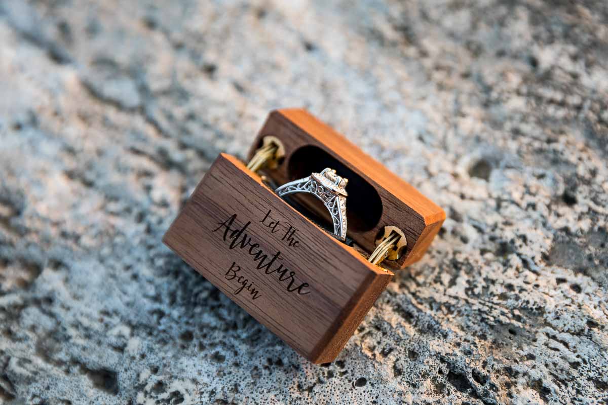 Close up picture of the engagement ring in its case: the adventure begins!