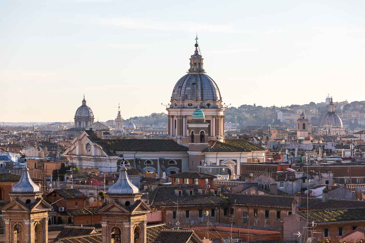 The view of the ancient city of Rome seen through Parco del Pincio terrace overlook