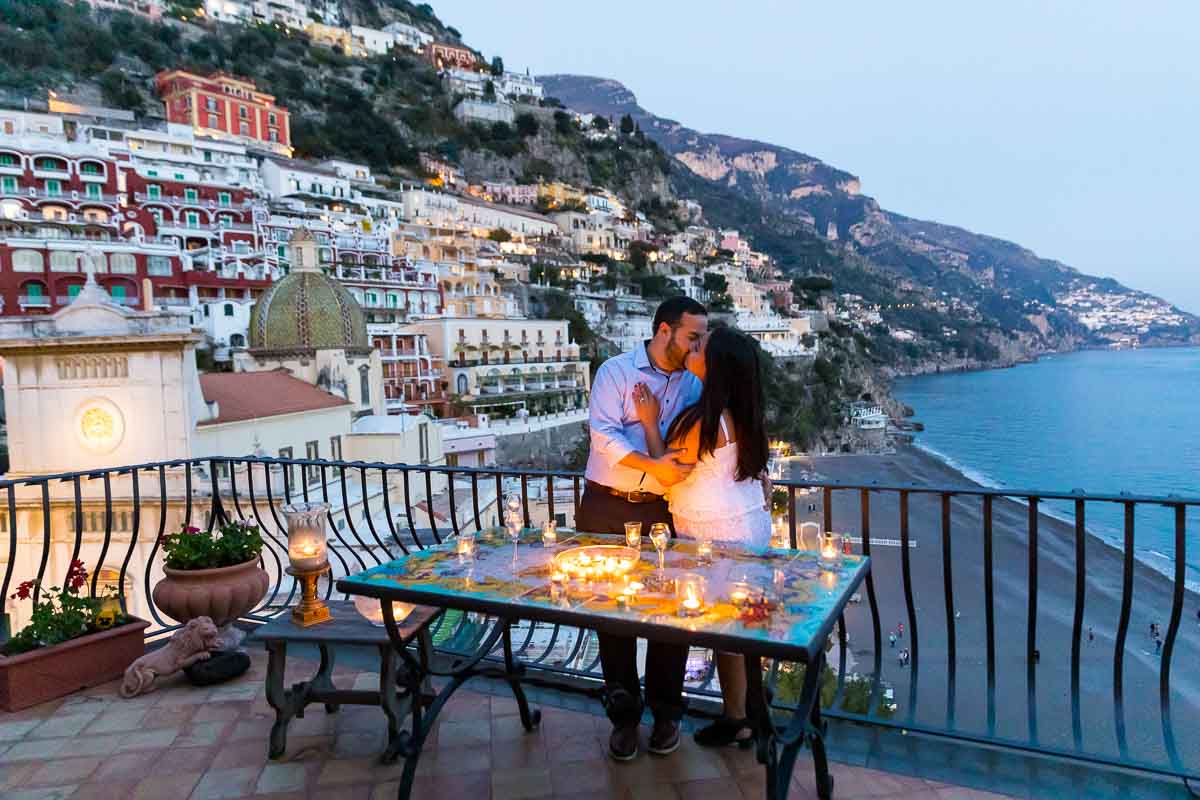 Celebrating engagement on terrace with a view