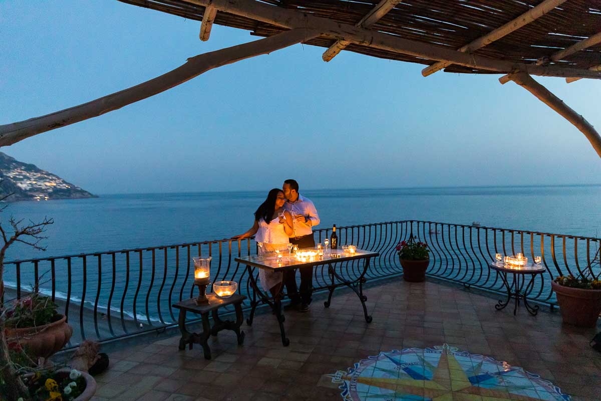 Blue hour seascape in Positano. Nighttime Surprise Wedding Proposal Photography 