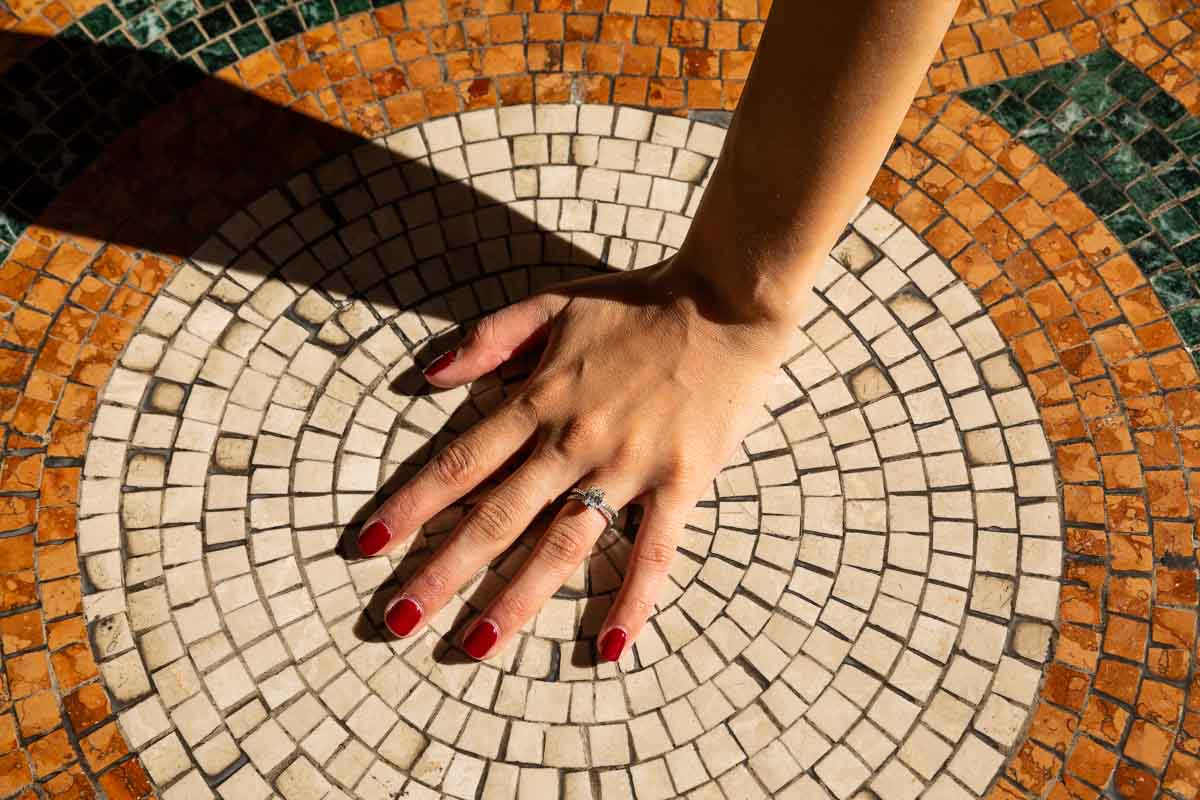 Close up picture of the beautiful engagement ring photographed from above