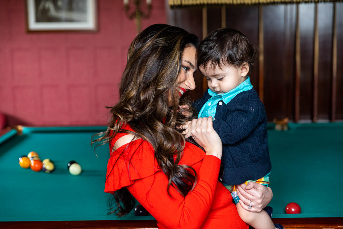 Mother and son portrait picture in the pool hall