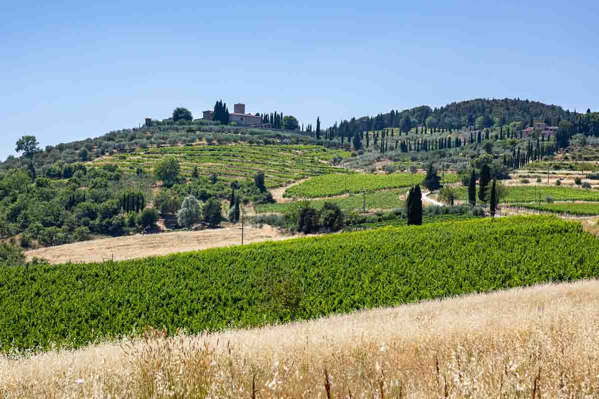 The beautiful Tuscan countryside view from a nearby hill in Italy