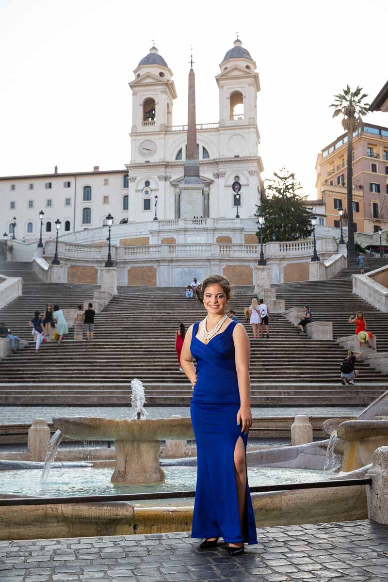 Posing with a blue dress at the Spanish steps