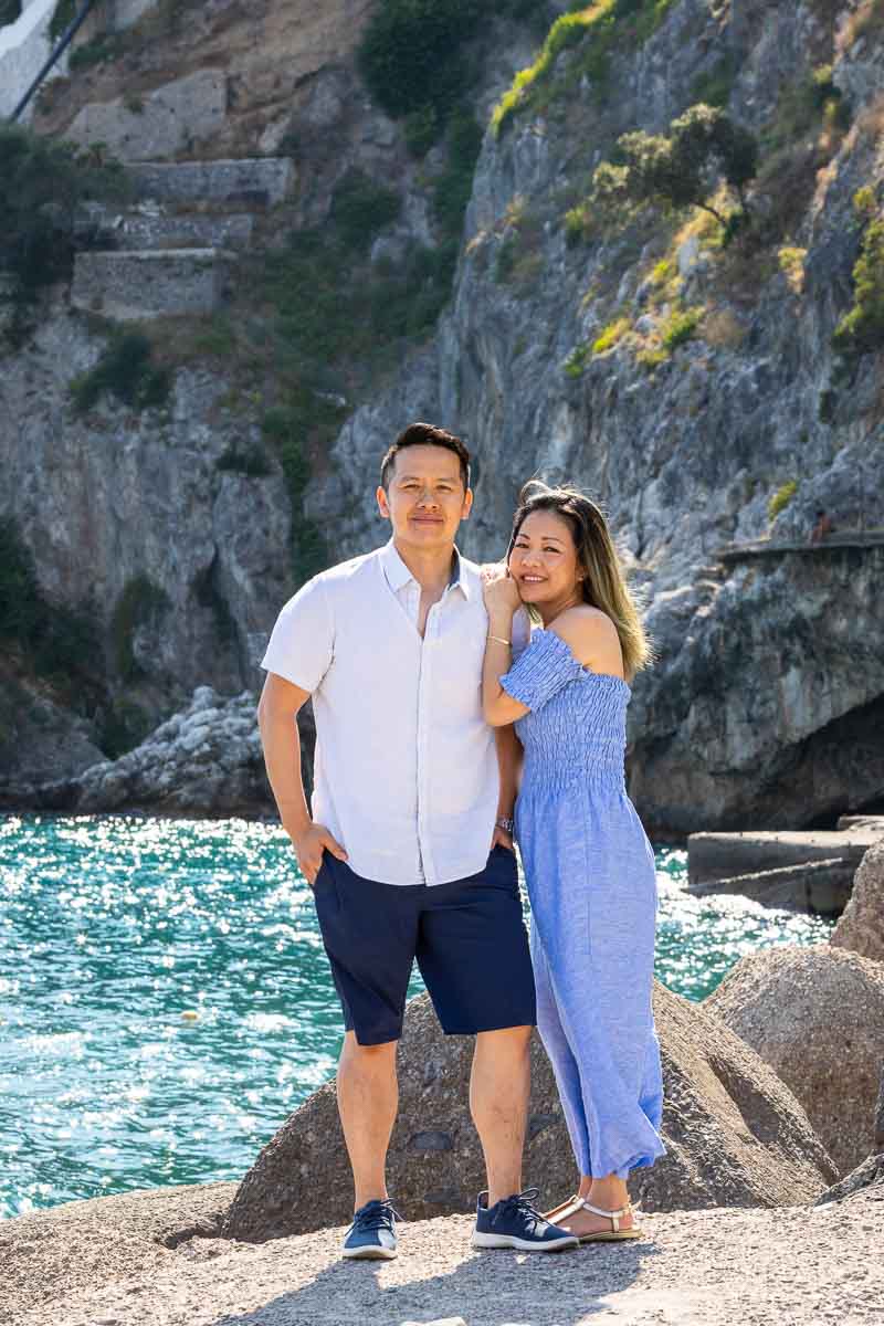 Couple posing together for a casual photo shoot in the Italian riviera