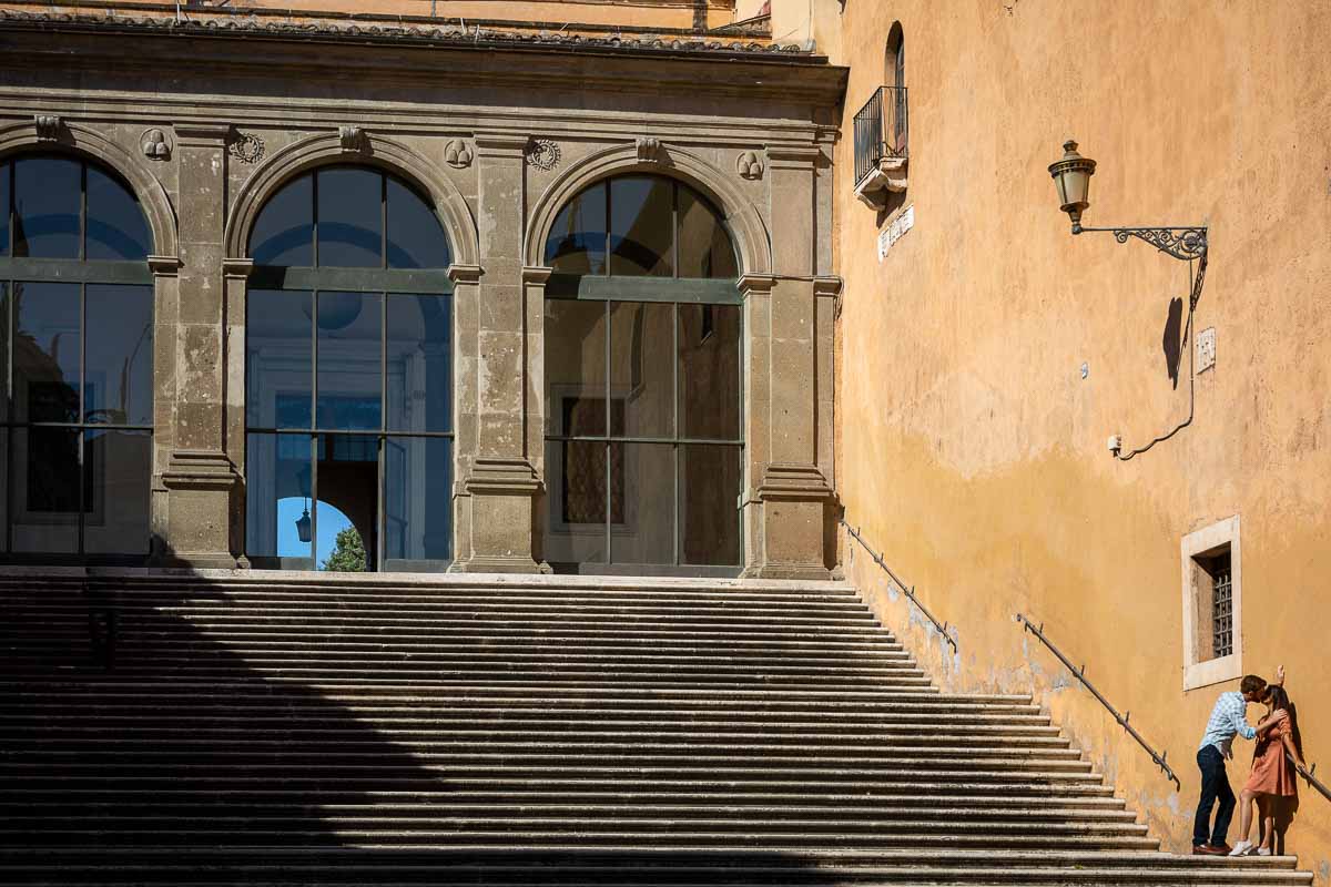 Artistic and exclusive photography on a large and scenic staircase in Campidoglio square