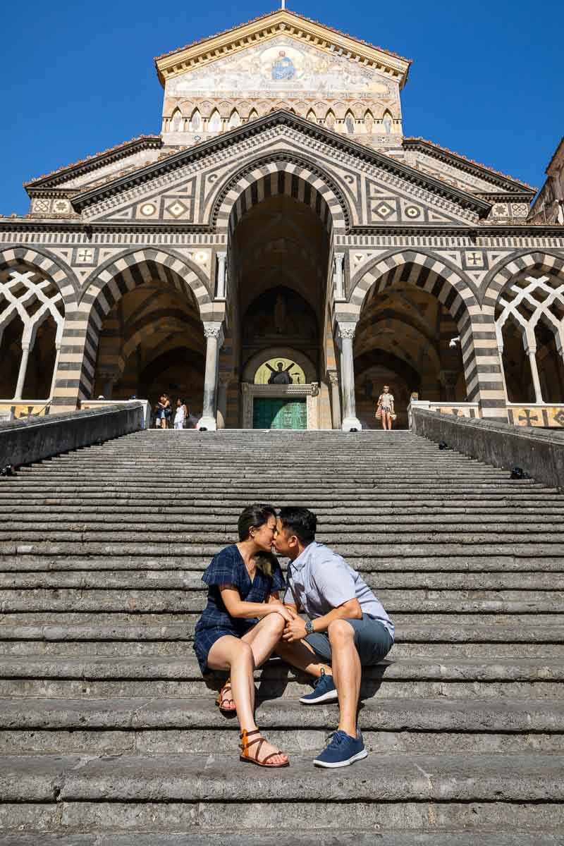 Kissing under the Cathedral of Amalfi found in Piazza del Duomo in Italy