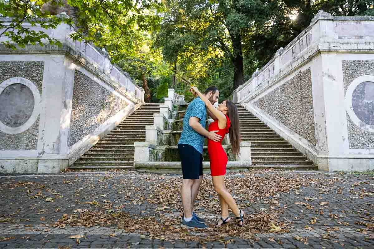 Engagement photo session taken midway on the Staircase of the eleven fountains