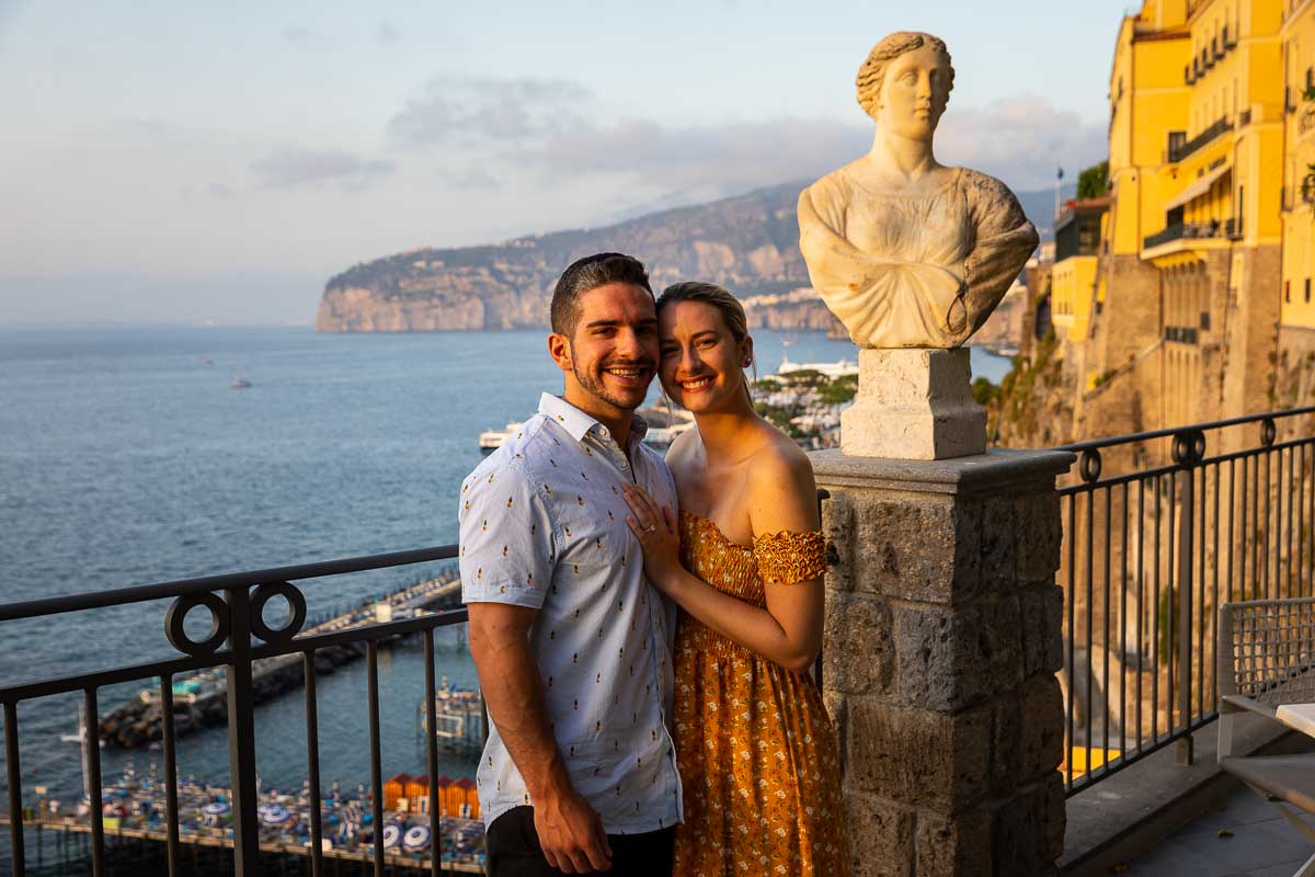 Just engaged couple portrait in front of the coastal view of the Amalfi coast