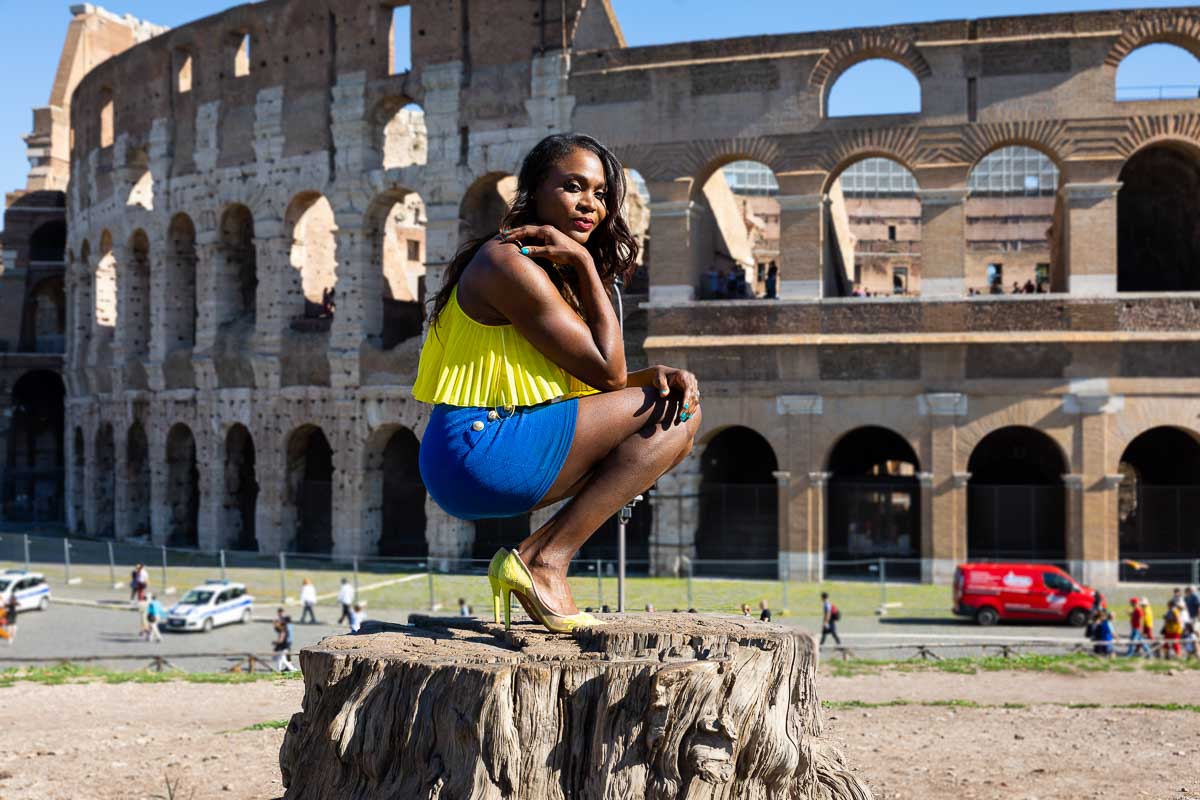 Crouched down female model portrait photography in Rome Italy