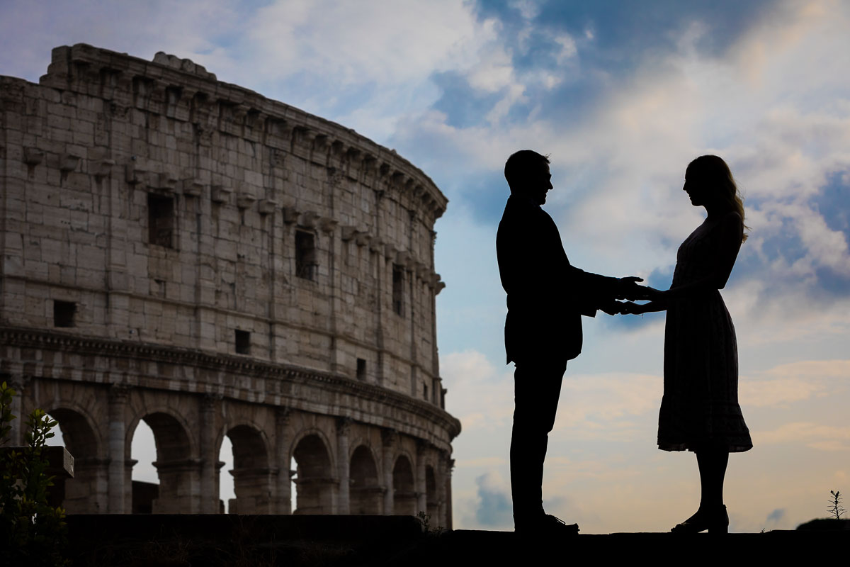 Silhouette engagement photoshoot in Rome Italy. Image taken at the Roman Colosseum