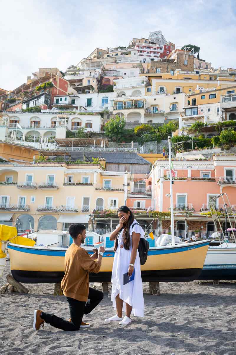 Knee down Proposal Engagement in Positano asked on the beach of Positano in the Amalfi coast