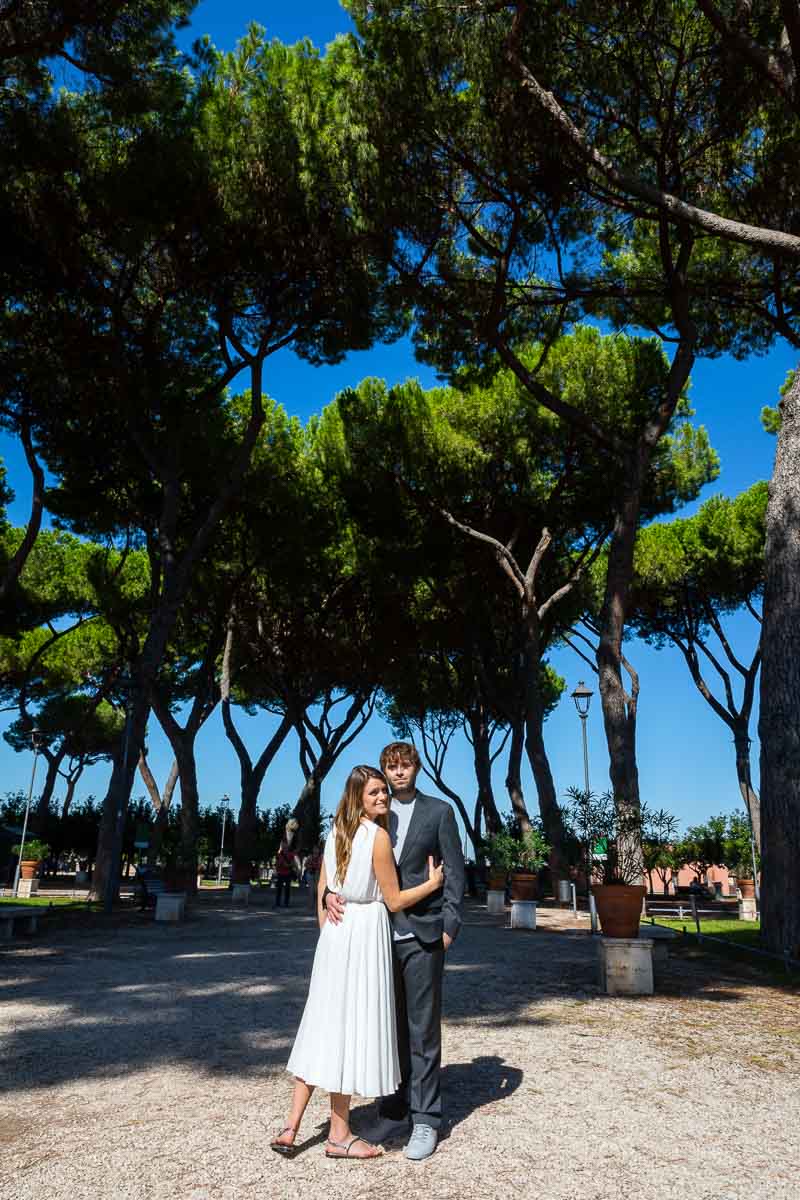 Together in Rome posing underneath Mediterranean pine trees at the Giardino degli Aranci or Orange garden