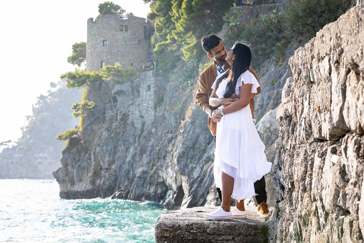 Couple kissing portrait taken by the Amalfi coast 