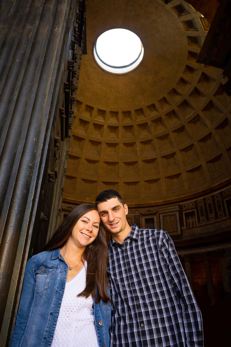 Portrait picture taken under the Roman Pantheon's Oculus hole in the ceiling 