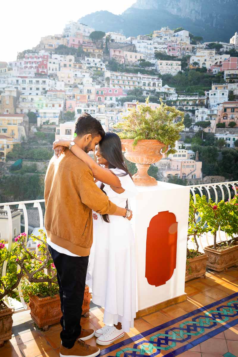 Portrait picture posed on a terrace view overlooking the one of a kind view on Positano