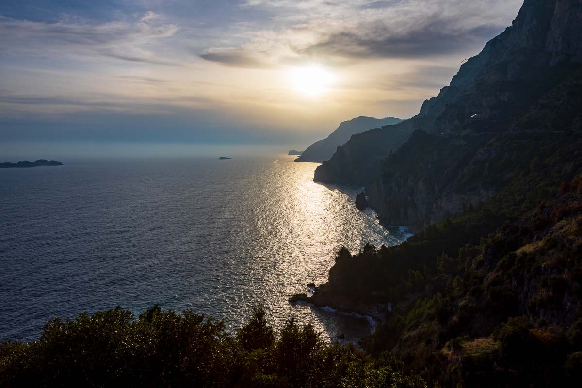 The Amalfi coast seen at sunset 