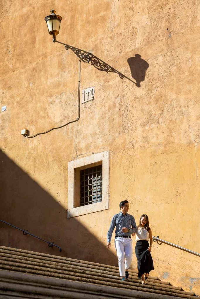 Walking down steps together with different level geometrical compositional elements