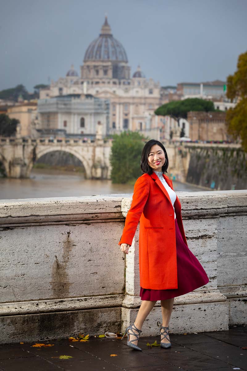 Standing in front of Saint Peter's dome in the far distance during a modelling photography session