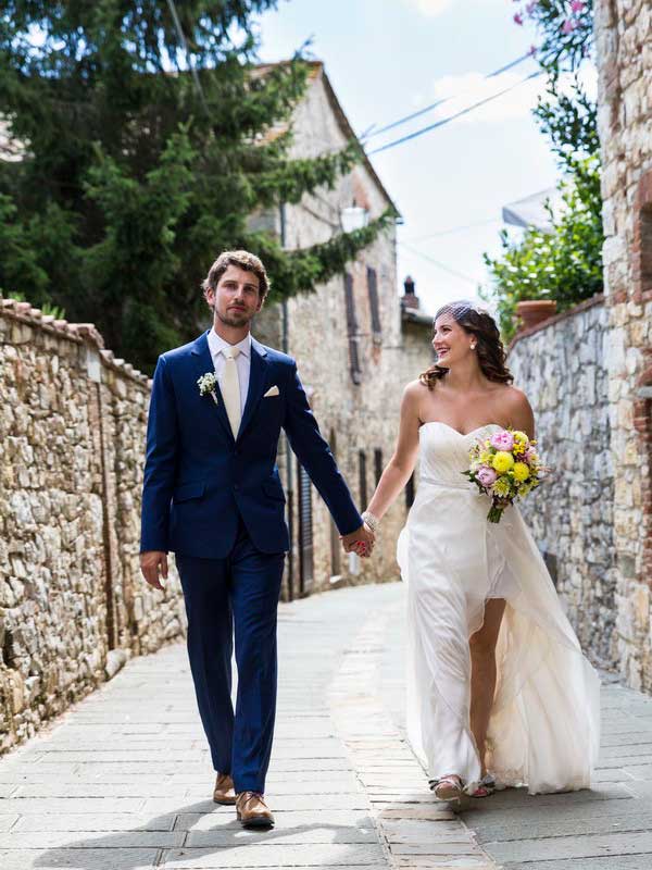 Tuscan town walk after marriage Italy