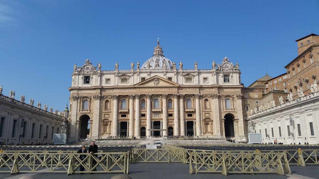 Outside front view of St. Peter's Cathedral in the Vatican, Rome, Italy
