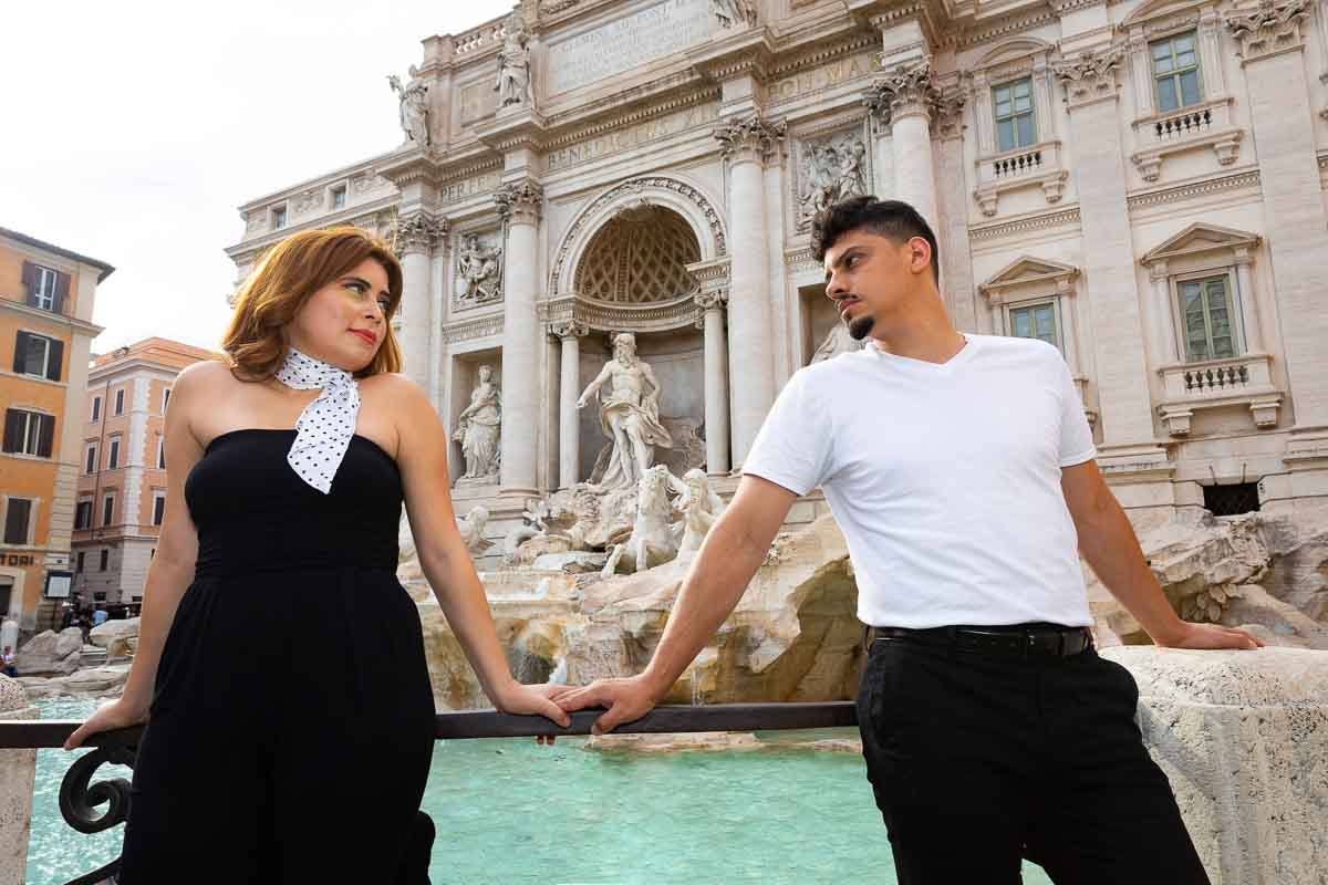 Couple Photo Session in Rome portrait standing by the Fontana di Trevi