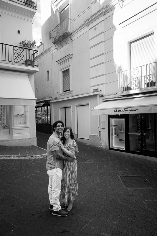 Street photo taken in black and white portrait in the center of capri town Italy 