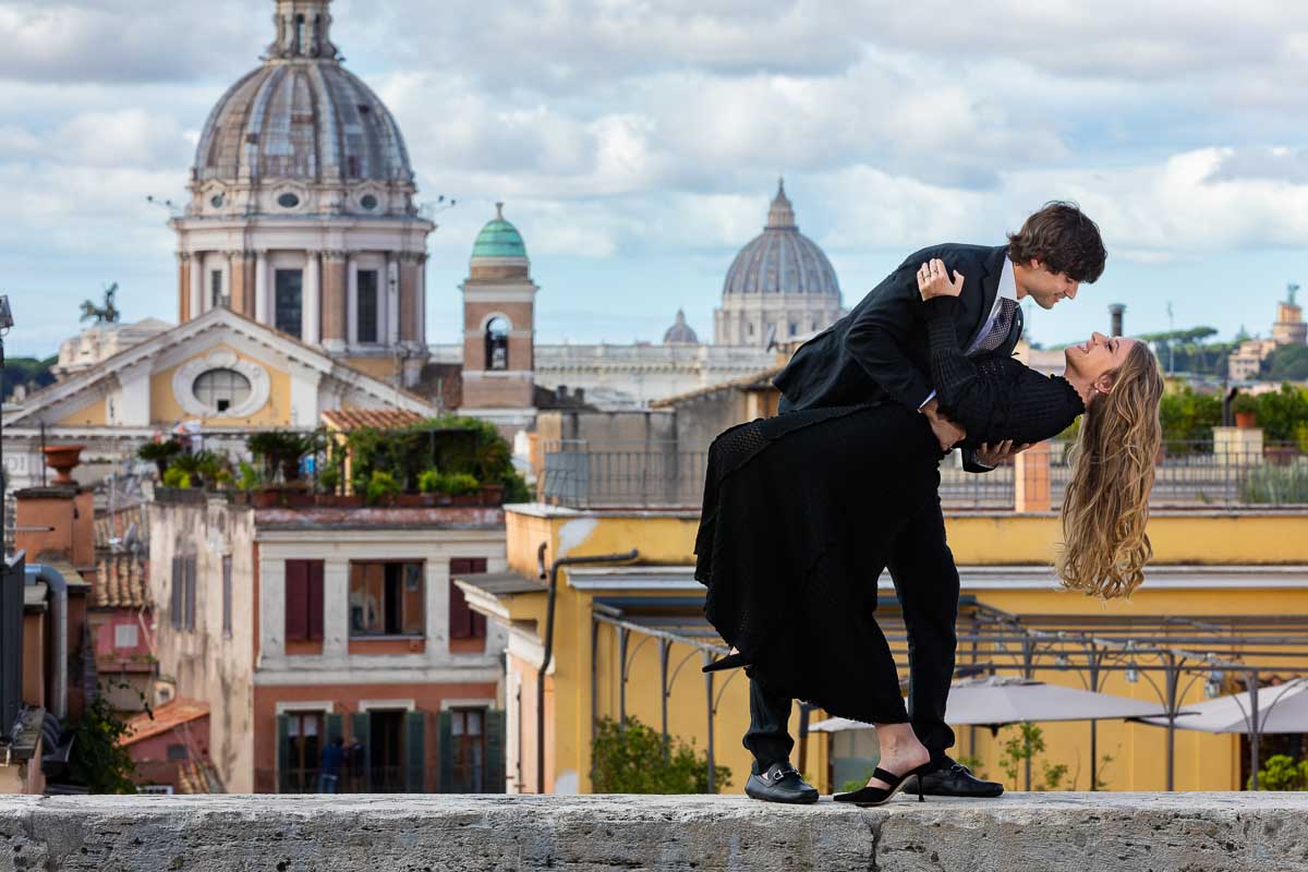 Dipping pose in front of the sweeping view of Rome in Italy