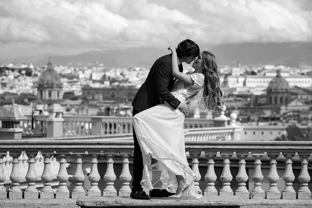 Black and white photography session overlooking the Rome skyline