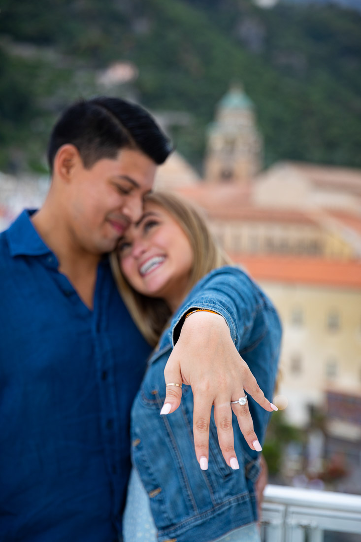 Showing off the engagement ring. Amalfi Surprise Wedding Proposal