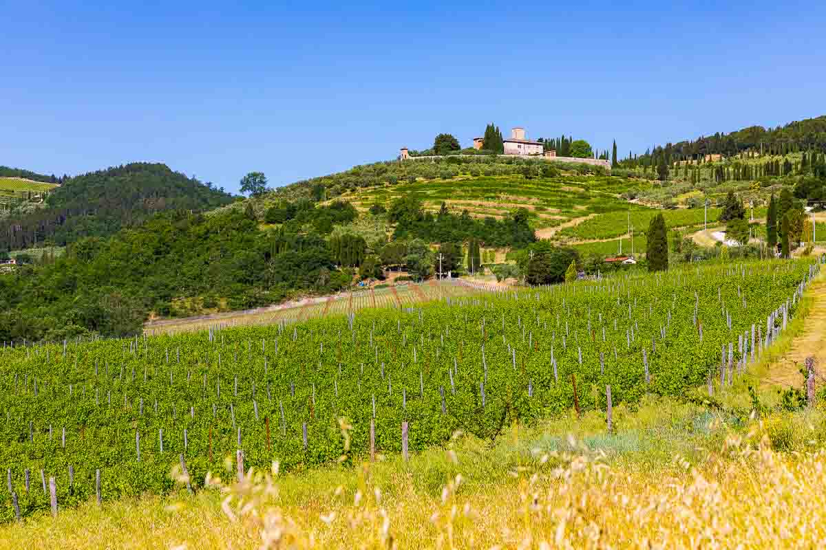 Tuscany countryside with beautiful rolling hills and distant medieval towns with vineyards everywhere