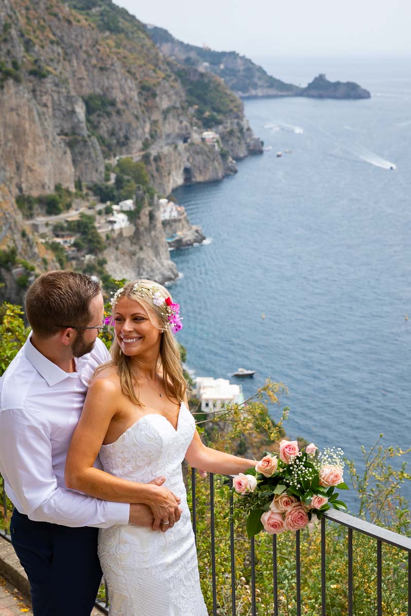Bride and groom together portrait after getting married on the Amalfi coast