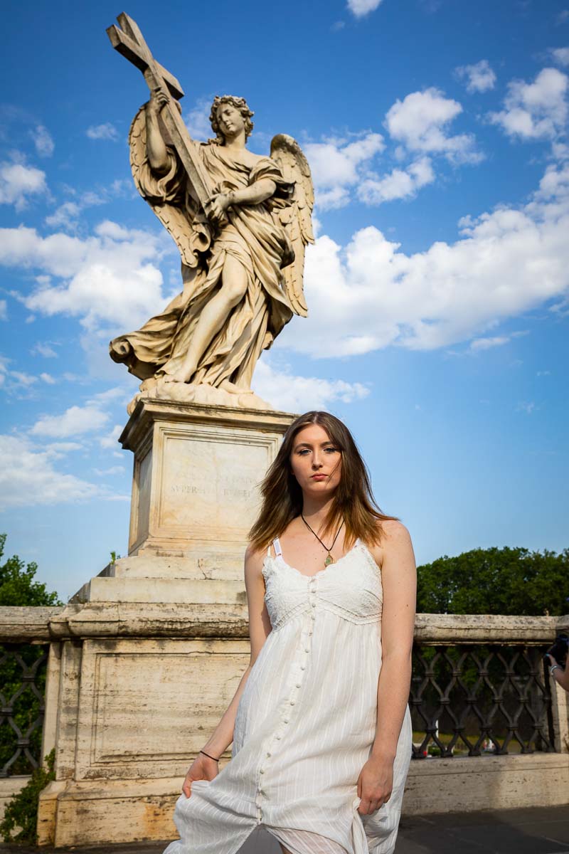 Model portrait one dynamic editorial portrait while walking forward looking into the camera. Modelling in Rome